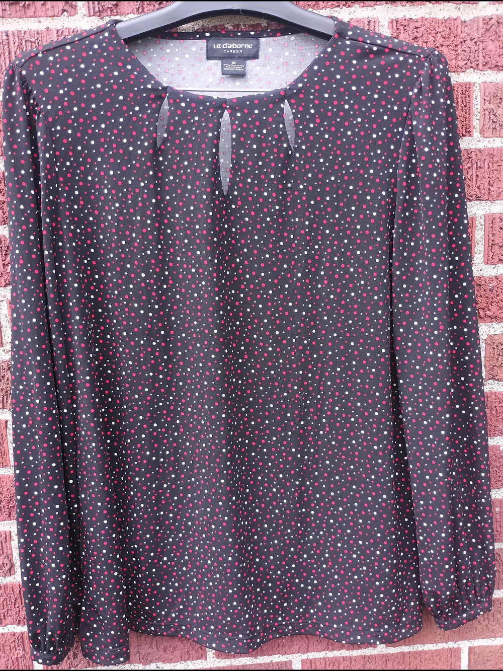 Liz Claiborne Career Polka Dot Keyhole Neckline Long Sleeve Blouse